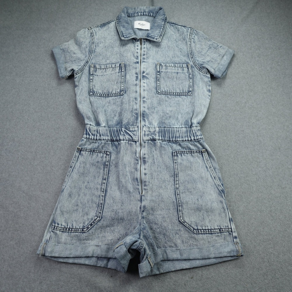KanCan Romper Womens Small Acid Wash‎ Short Sleeve Zip Front Jumpsuit Denim